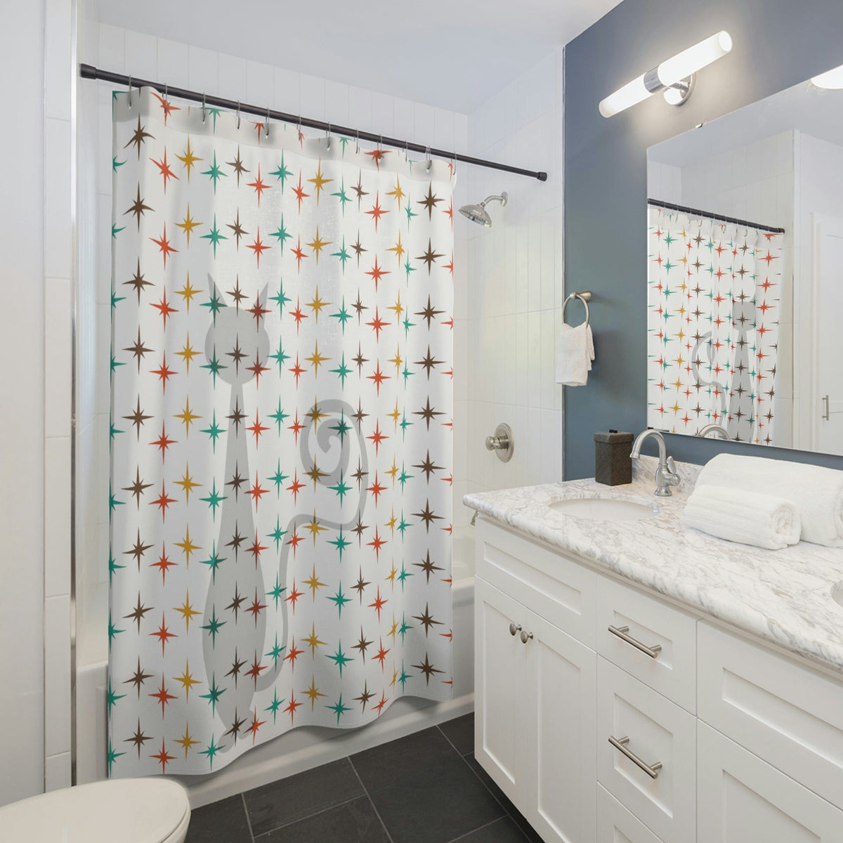 Retro Shower Curtain, Atomic Cat, White, Mid Century Modern Atomic Star Burst, Teal, Mustard Yellow, Burnt Orange, Brown Home Decor 71" × 74"
