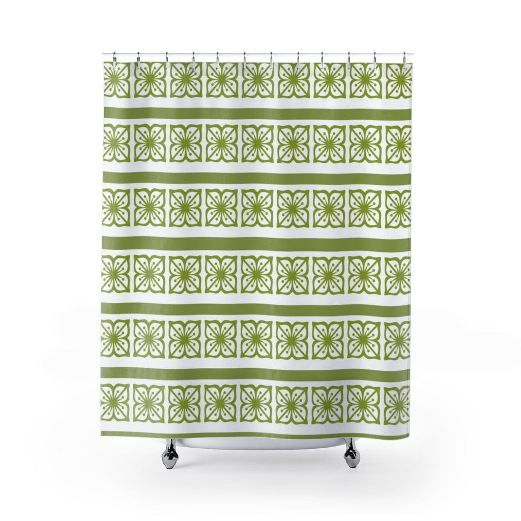 Retro Shower Curtain, Verde Green, Scandinavian Floral, Mid Mod Bath Decor Home Decor 71&quot; × 74&quot;