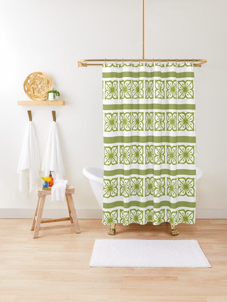 Retro Shower Curtain, Verde Green, Scandinavian Floral, Mid Mod Bath Decor Home Decor 71&quot; × 74&quot;