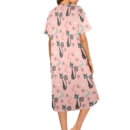 Mid Mod Muumuu House Dress Adorned With Kitschy Atomic Cats