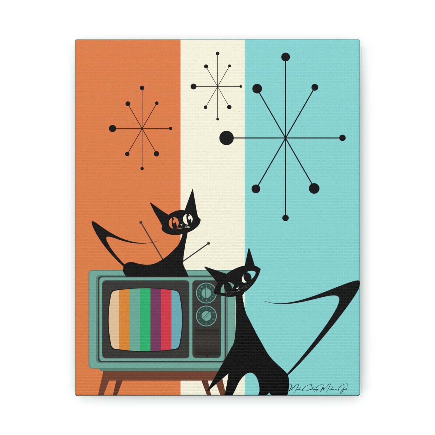 Atomic Cat Retro Colored TV, Starburst, Mid Century Modern, Aqua, Orange, Cream Groovy Canvas Wall Art Canvas 8″ x 10″ / Premium Gallery Wraps (1.25″)