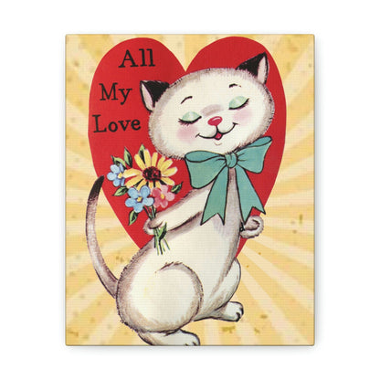 Vintage Retro Valentine Card, Cute White Kitschy Cat All My Love, Valentine Gifts for Her Canvas 8″ x 10″ / Premium Gallery Wraps (1.25″)