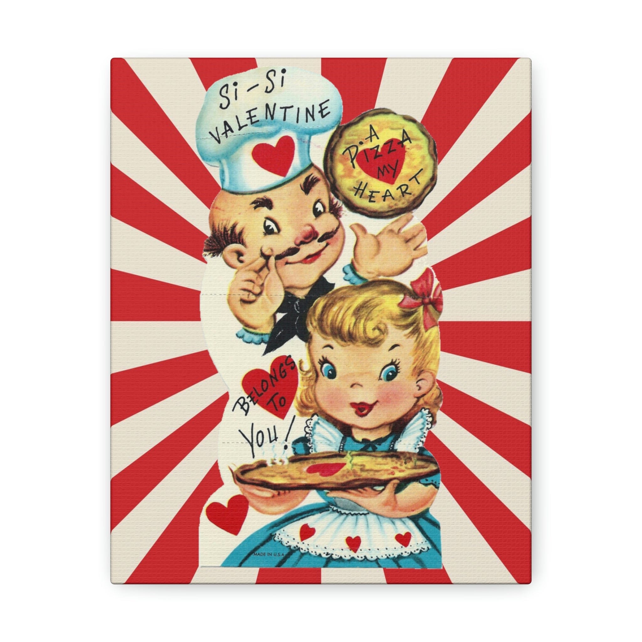 Vintage Valentine Card, Kitschy Cute Couple, Kitchen, Pizza Lover, Retro Valentine Art Canvas Gallery Wraps Canvas 8″ x 10″ / Premium Gallery Wraps (1.25″)