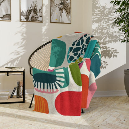 Mid Mod, Geometric Amoeba Abstract Colorful Retro Home Decor Bedroom, Living Room, Velveteen Minky Blanket Home Decor 80&quot; × 60&quot;
