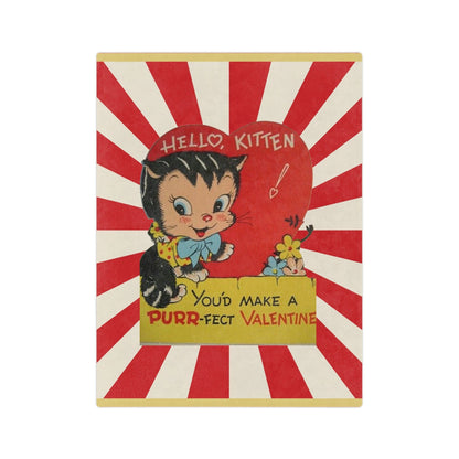Vintage Valentine Card, Hello Kitten, Kitschy Valentine Gift For Her Velveteen Minky Blanket Home Decor 80&quot; × 60&quot;