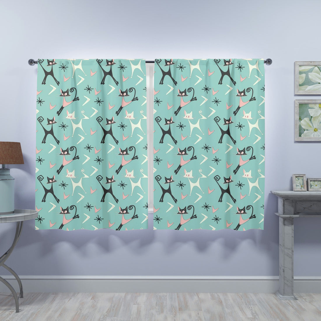 Atomic Cats, Whimsical Mid Century Modern Boomerangs, Kitshy 50s Vintage Style Window Curtains (two panels)