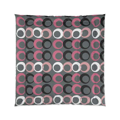 Mid Modernist, Gray, Pink, Black, White, Geometric Retro Circles, Mid Century Modern MCM Home Decor Comforter Home Decor 88&quot; × 88&quot;