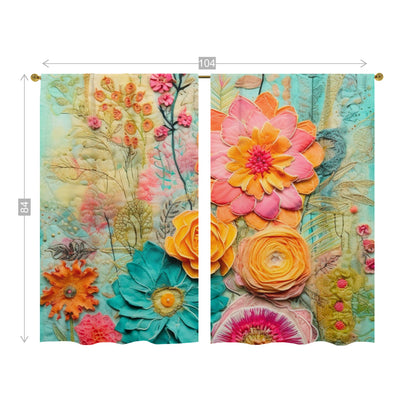Boho Chic Retro Floral, Faux Emboidery Bohemian Hippie Window Curtains (two panels)