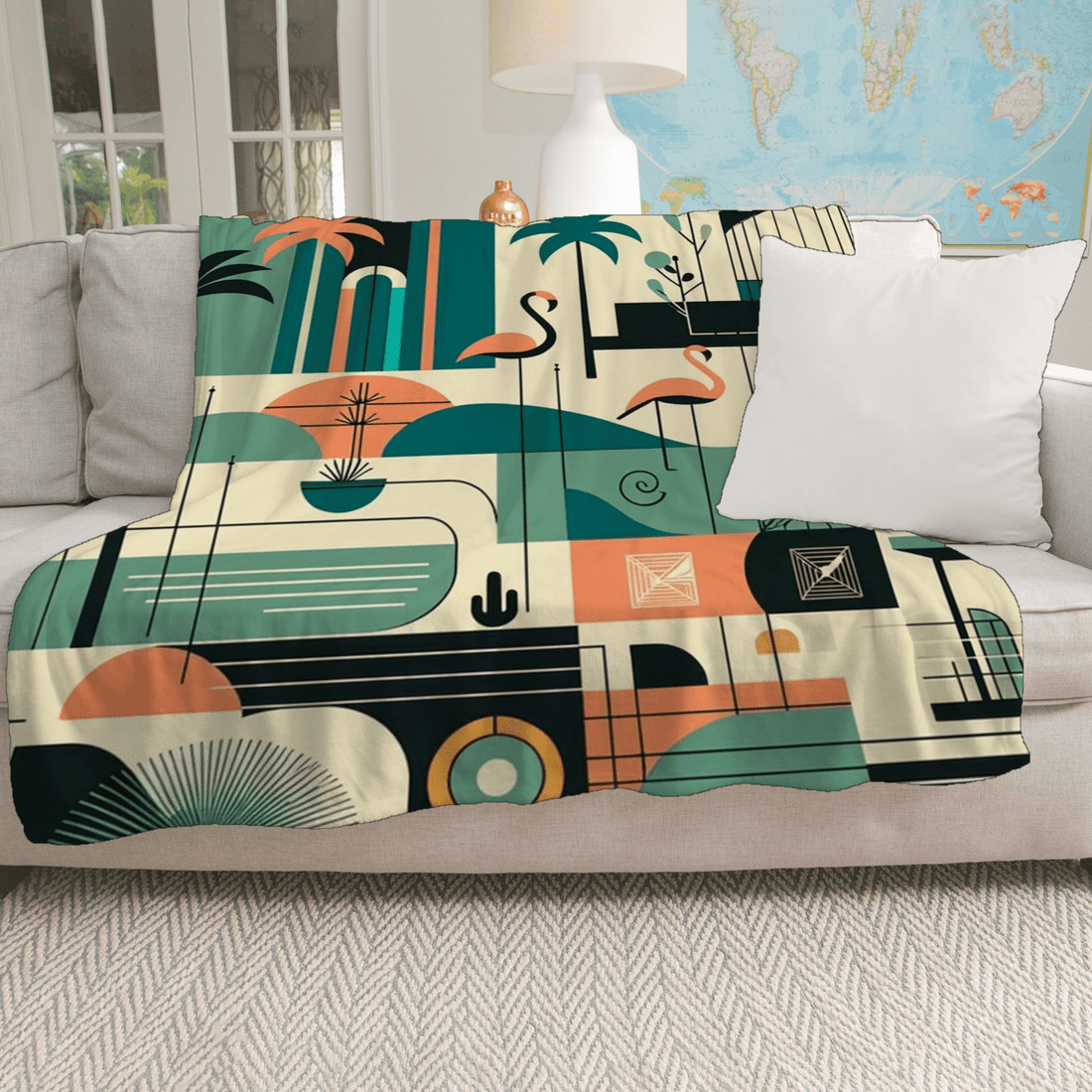 Palm Springs California Style, Mid Century Modern Flamingo Cozy Sherpa Blanket