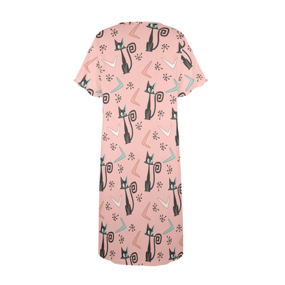 Mid Mod Muumuu House Dress Adorned With Kitschy Atomic Cats