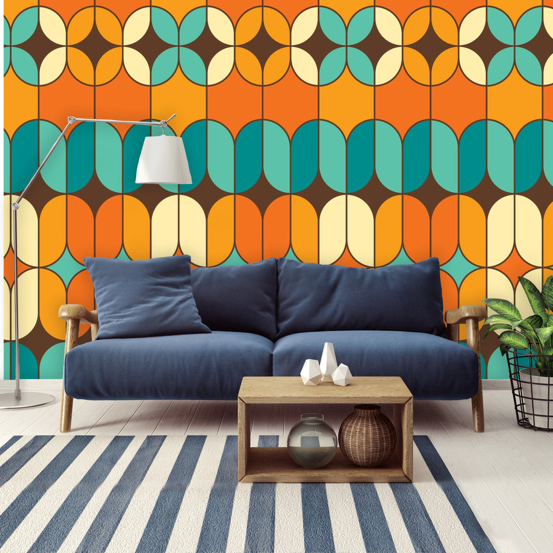 Mid Century Modern Peel And Stick Wallpaper, Orange, Teal Blue, Geometric Groovy 70s Wall Murals