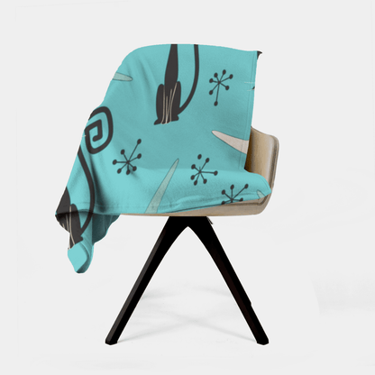 Atomic Kittie Cats, Aqua Blue, Boomerang Mid Century Modern Sherpa Blanket