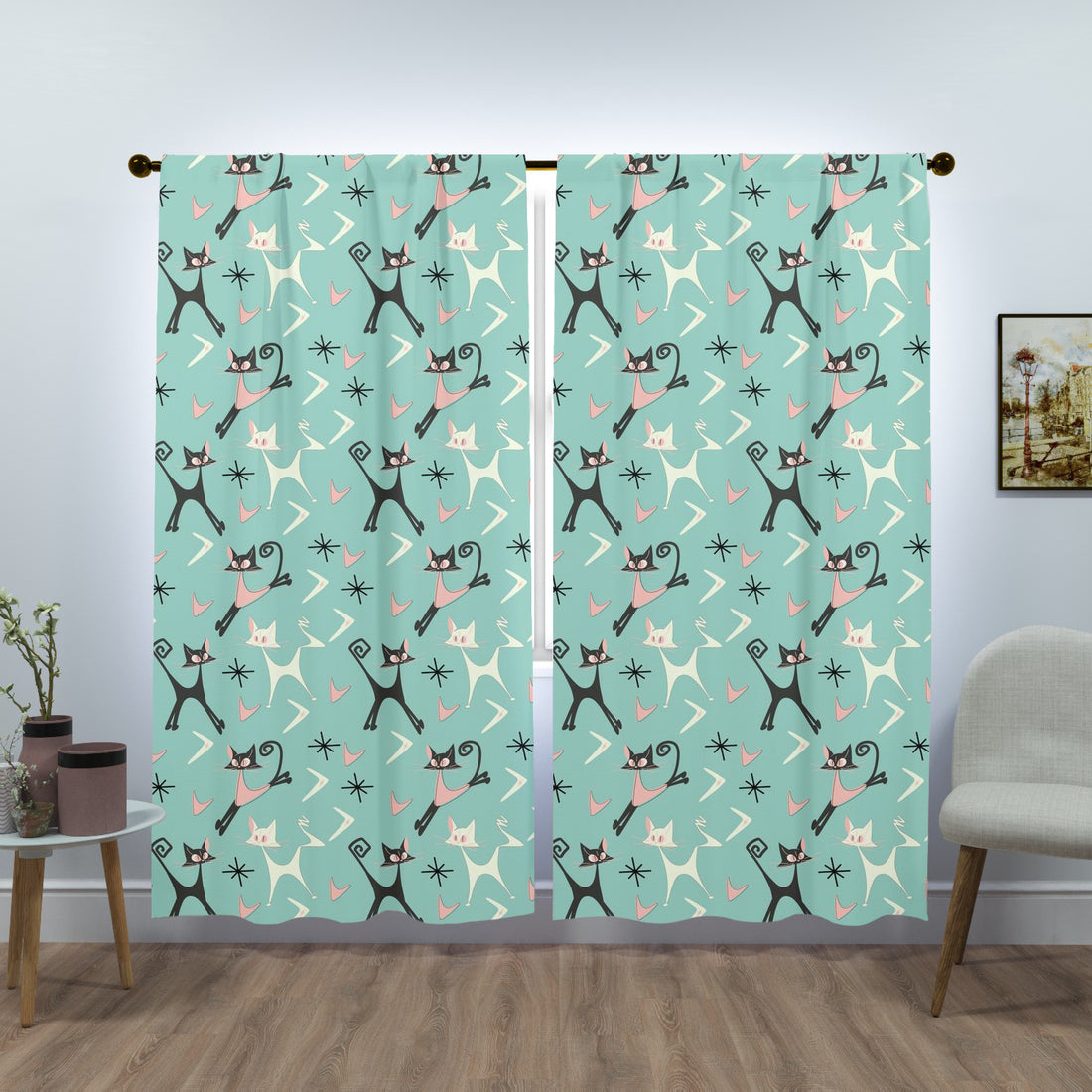 Atomic Cats, Whimsical Mid Century Modern Boomerangs, Kitshy 50s Vintage Style Window Curtains (two panels)