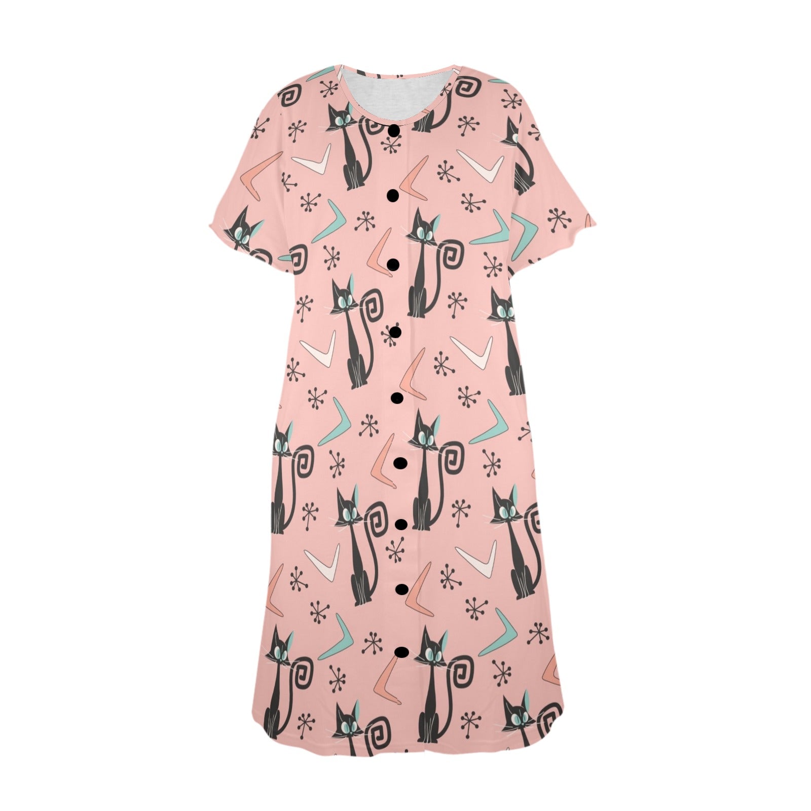 Mid Mod Muumuu House Dress Adorned With Kitschy Atomic Cats