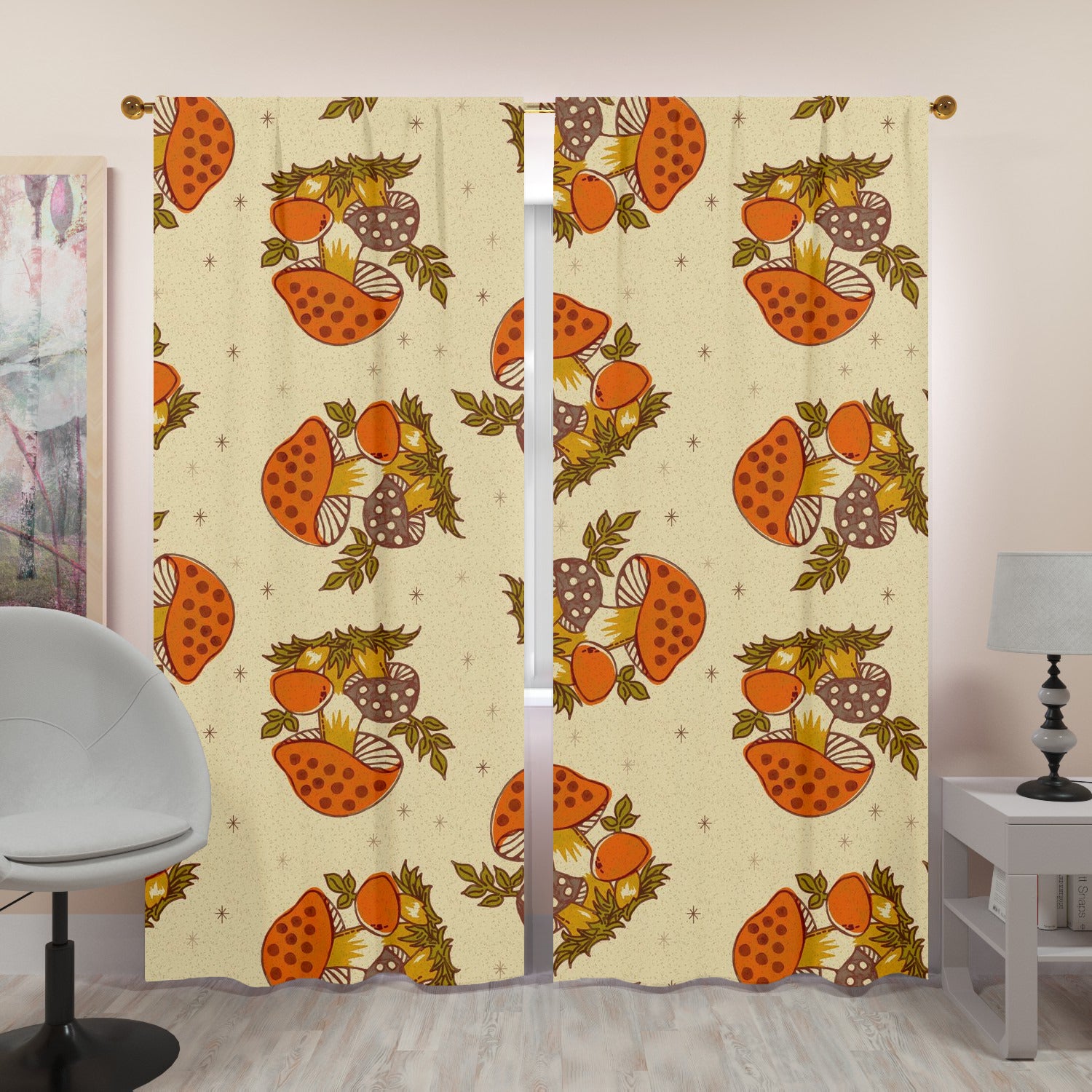 1970s Vintage Mushroom Pattern, Groovy Retro Mid Mod Window Curtains (two panels)