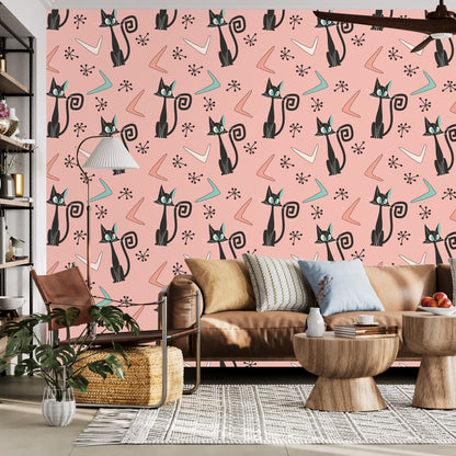 Atomic Cat Pink Retro Removeable Wall Paper, Peel And Stick Mid Century Modern Wall Murals