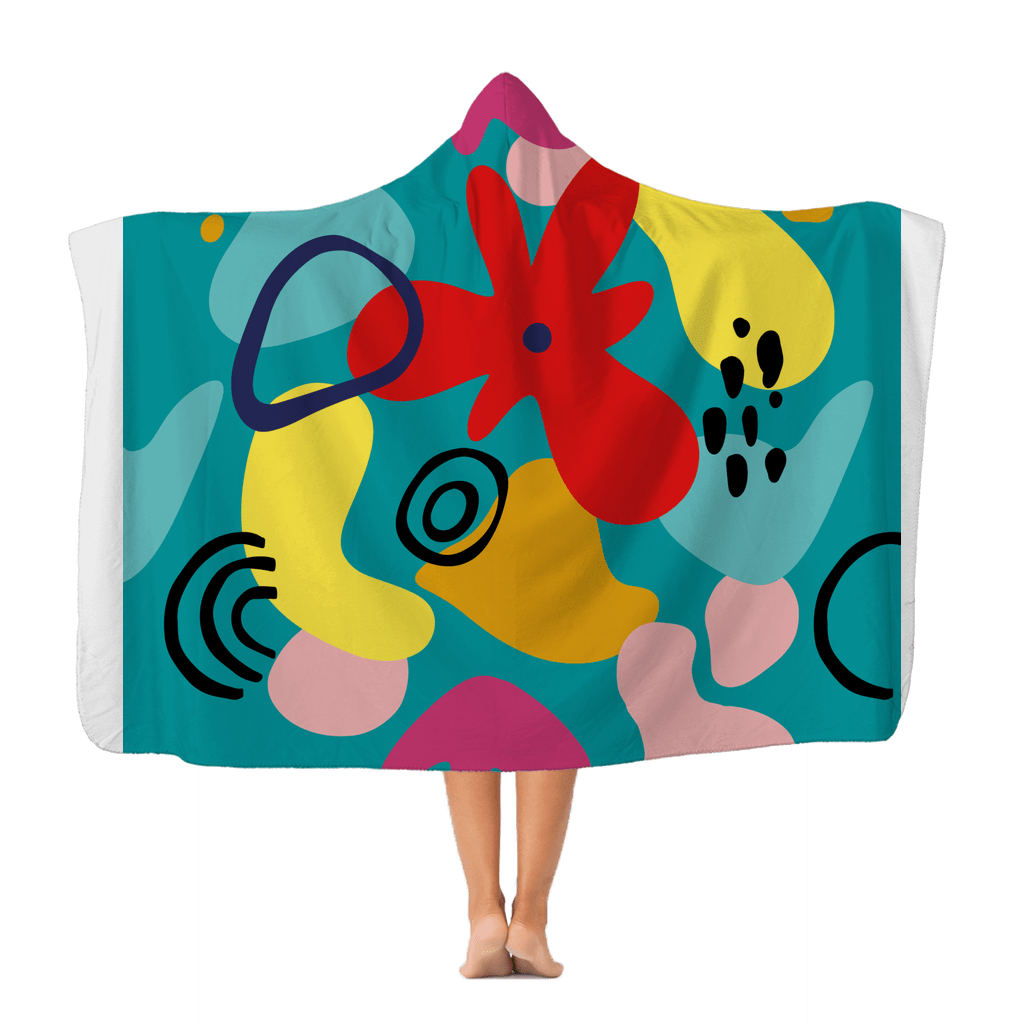 Retro Boho, Colorful Abstract Art, Teal, Red, Pink, Yellow, Mid Mod Mid Mod Cat, Coral, Teal Retro Hoodie Blanket Premium Apparel Adult - 72&quot; wide x 55&quot; tall