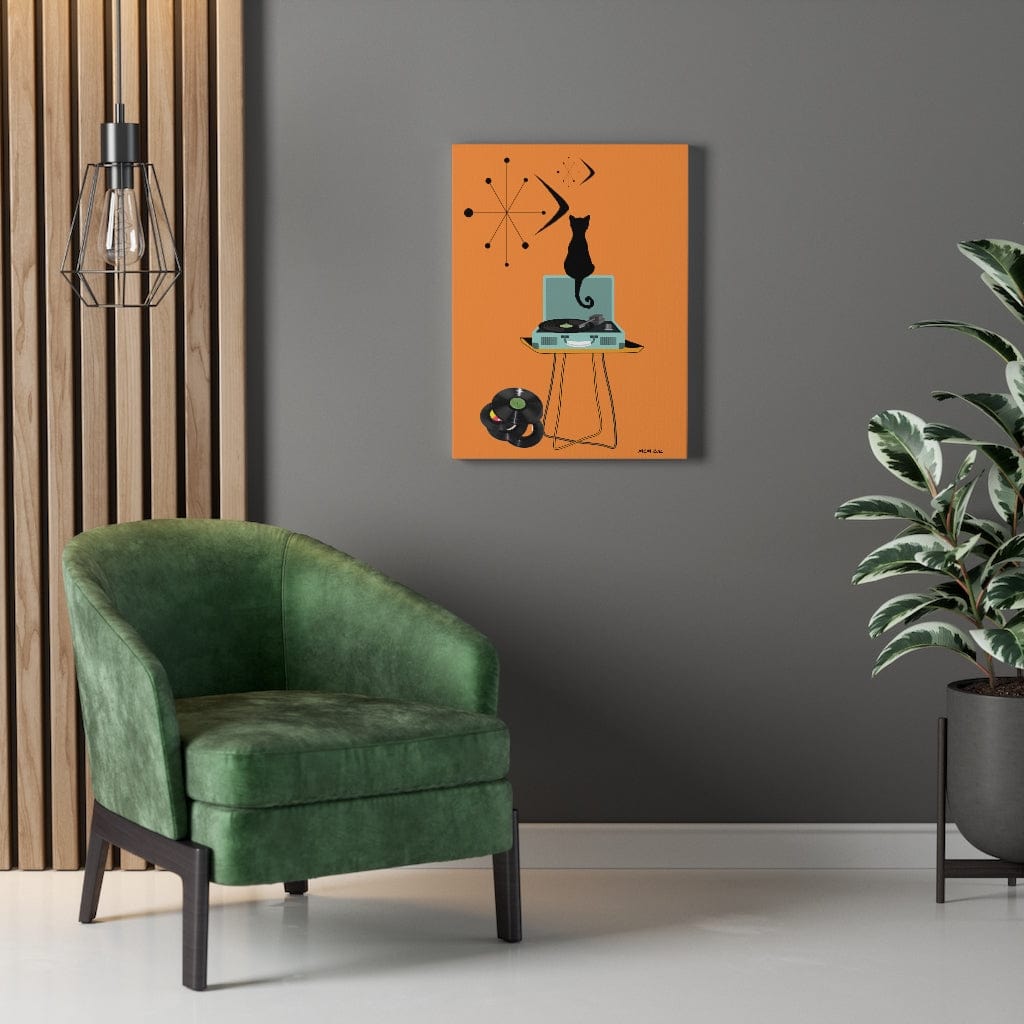 Atomic Black Cat Retro Orange Mid Century Modern Record Player MCM Home Scene Canvas Gallery Wrap Canvas Wall Art