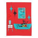 Atomic Cat Art, Cozy Mid Century Modern, Retro Red, Aqua Blue, Teal, Starburst, Black Cat Lover Sherpa Blanket Home Decor