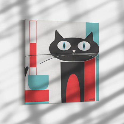 Atomic Cat Art, Mid Century Home Decor, Aqua Blue, Red, Kitschy Cat Wall Art