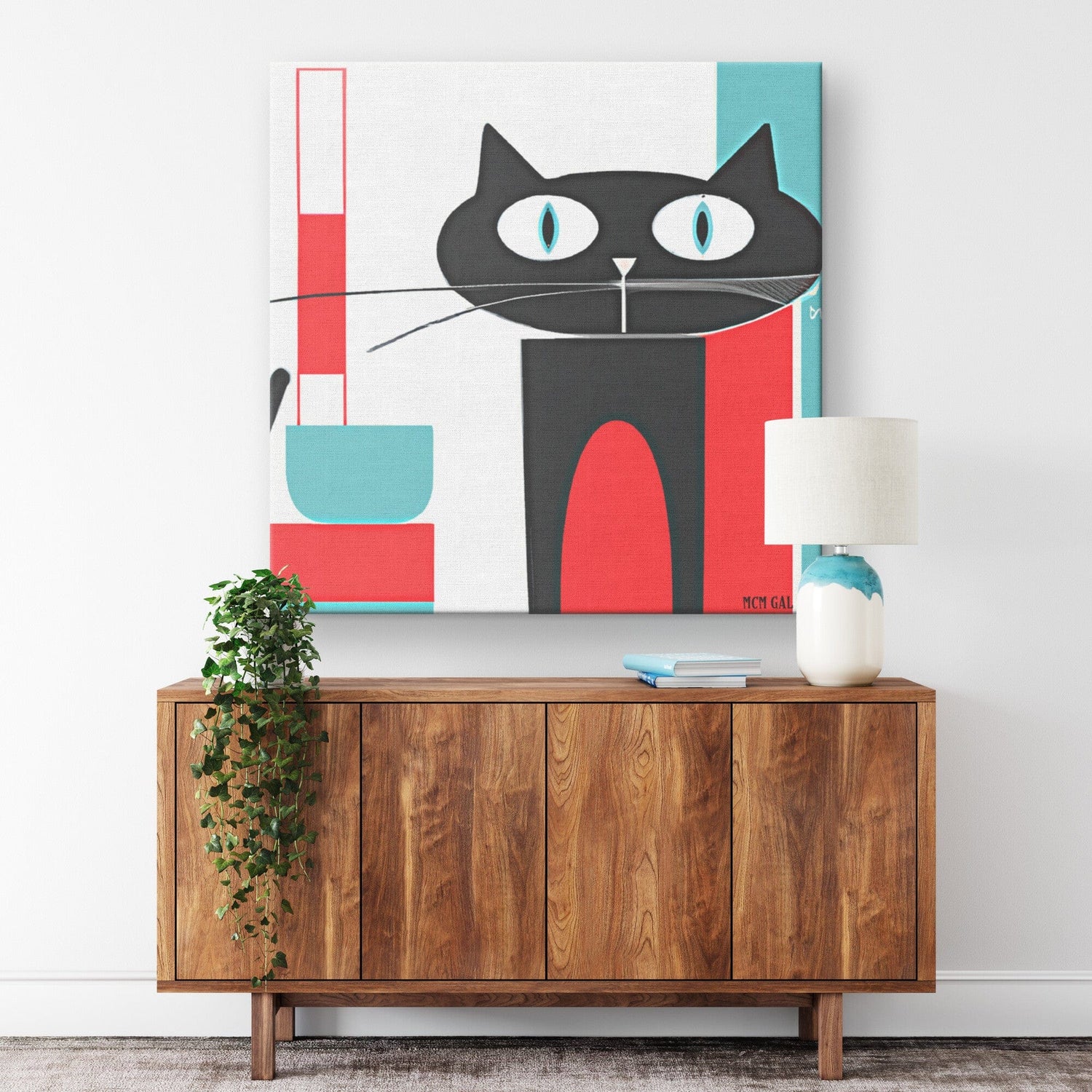Atomic Cat Art, Mid Century Home Decor, Aqua Blue, Red, Kitschy Cat Wall Art