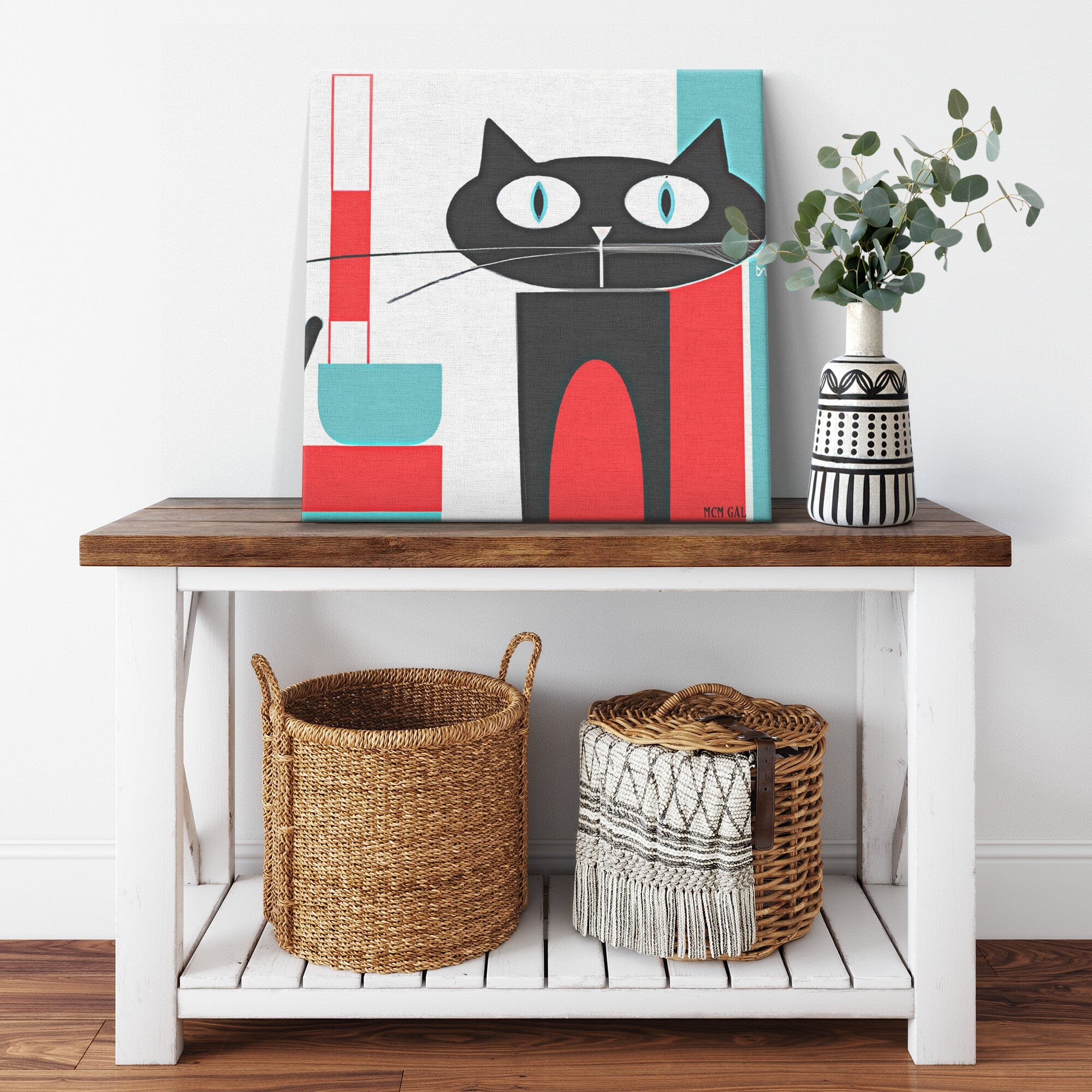 Atomic Cat Art, Mid Century Home Decor, Aqua Blue, Red, Kitschy Cat Wall Art