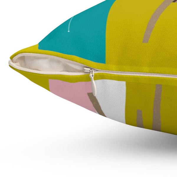 Atomic Cat Boomerang Green, Teal, Pink, White Retro 60's 70's Spun Polyester Square Pillow