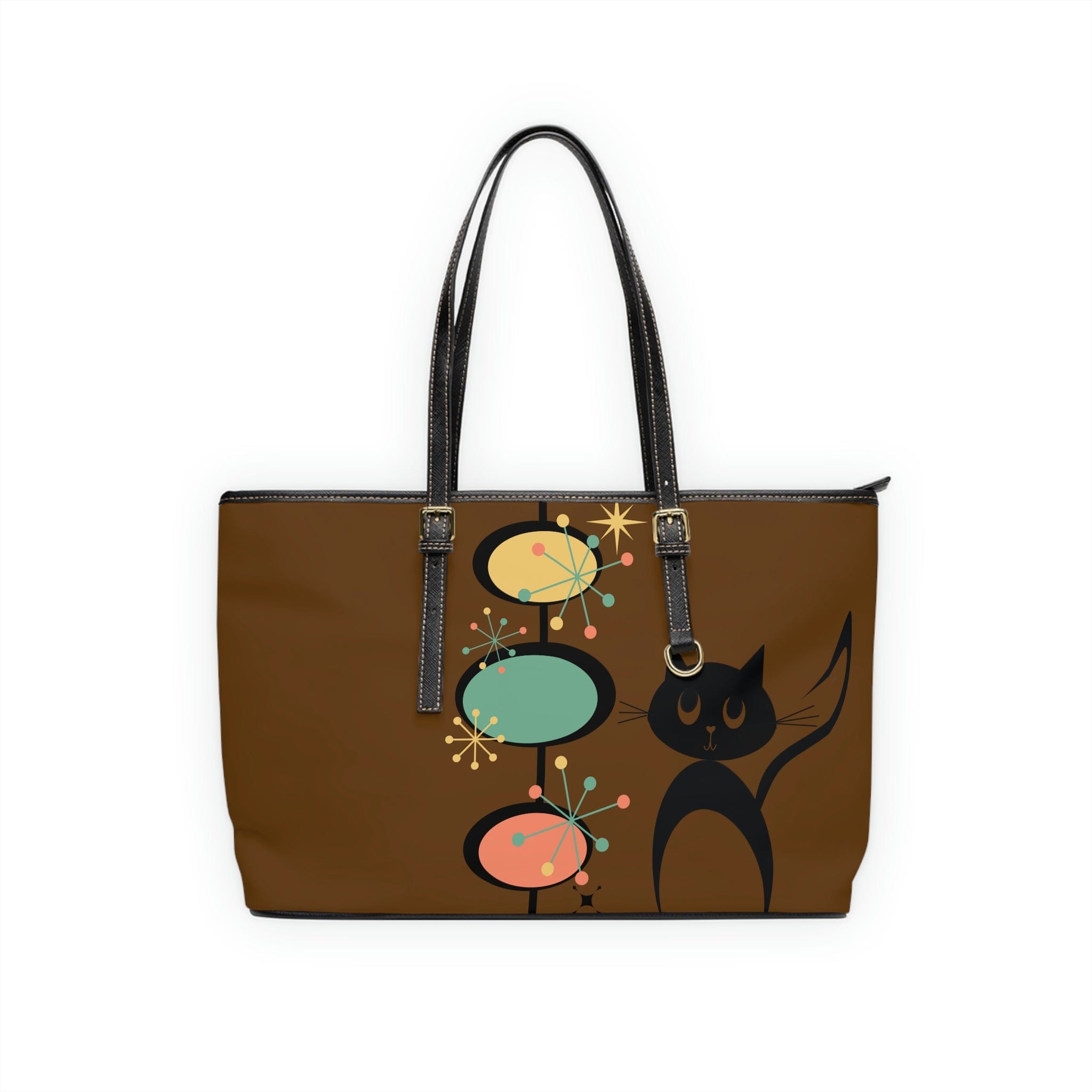Atomic Cat, Chocolate Brown, Mid Century Modern Starburst Retro Leather Shoulder Bag Bags