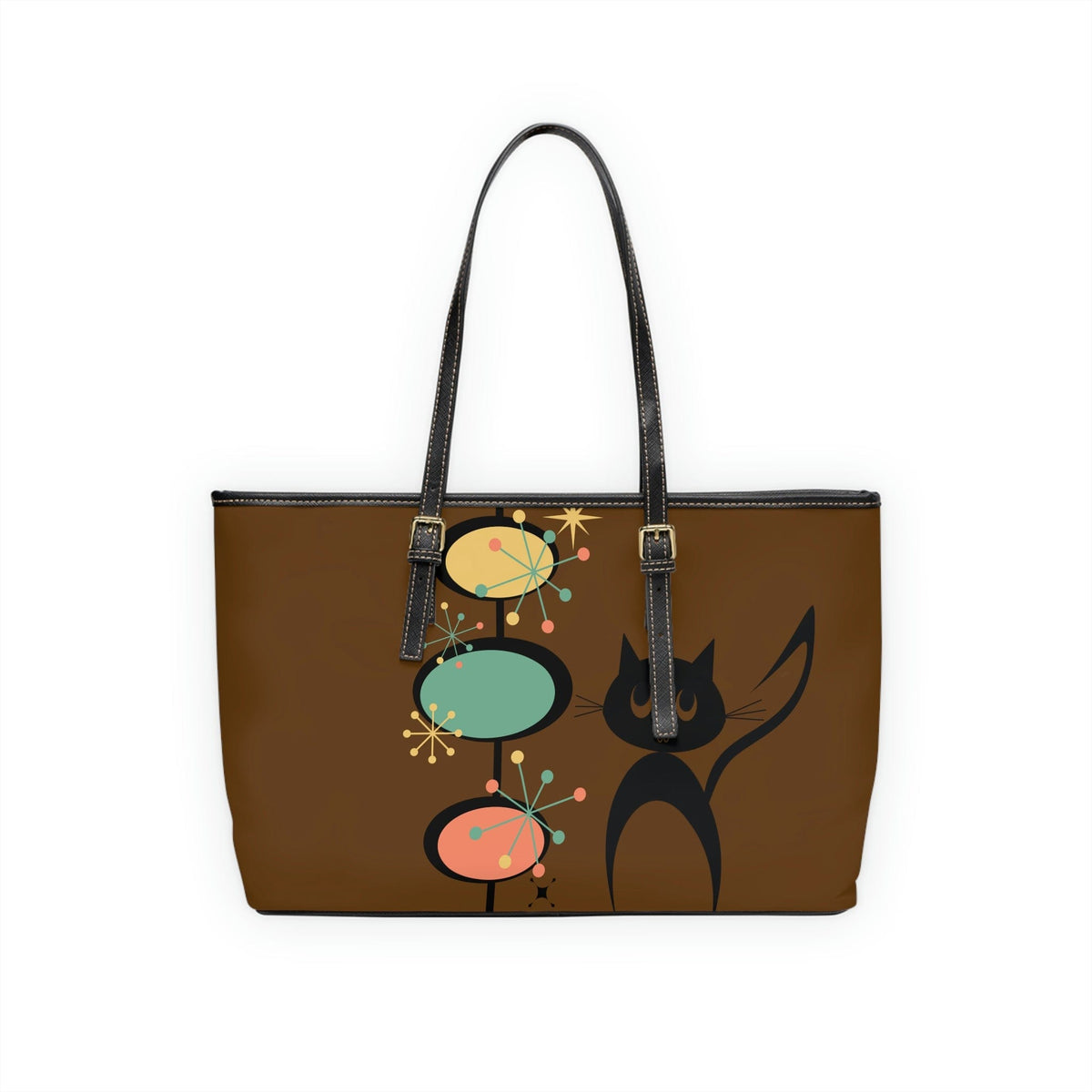 Atomic Cat, Chocolate Brown, Mid Century Modern Starburst Retro Leather Shoulder Bag Bags