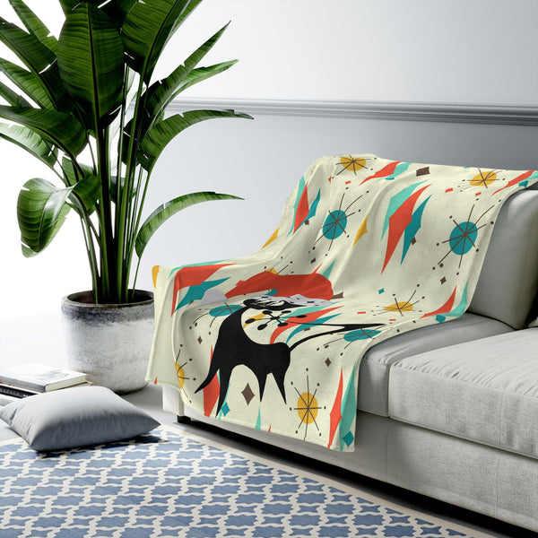 Atomic Cat Christmas Holiday Seasonal Atomic Starburst Diamond Retro Mid Century Modern, Teal, Turquoise, Burnt Red Velveteen Plush Blanket