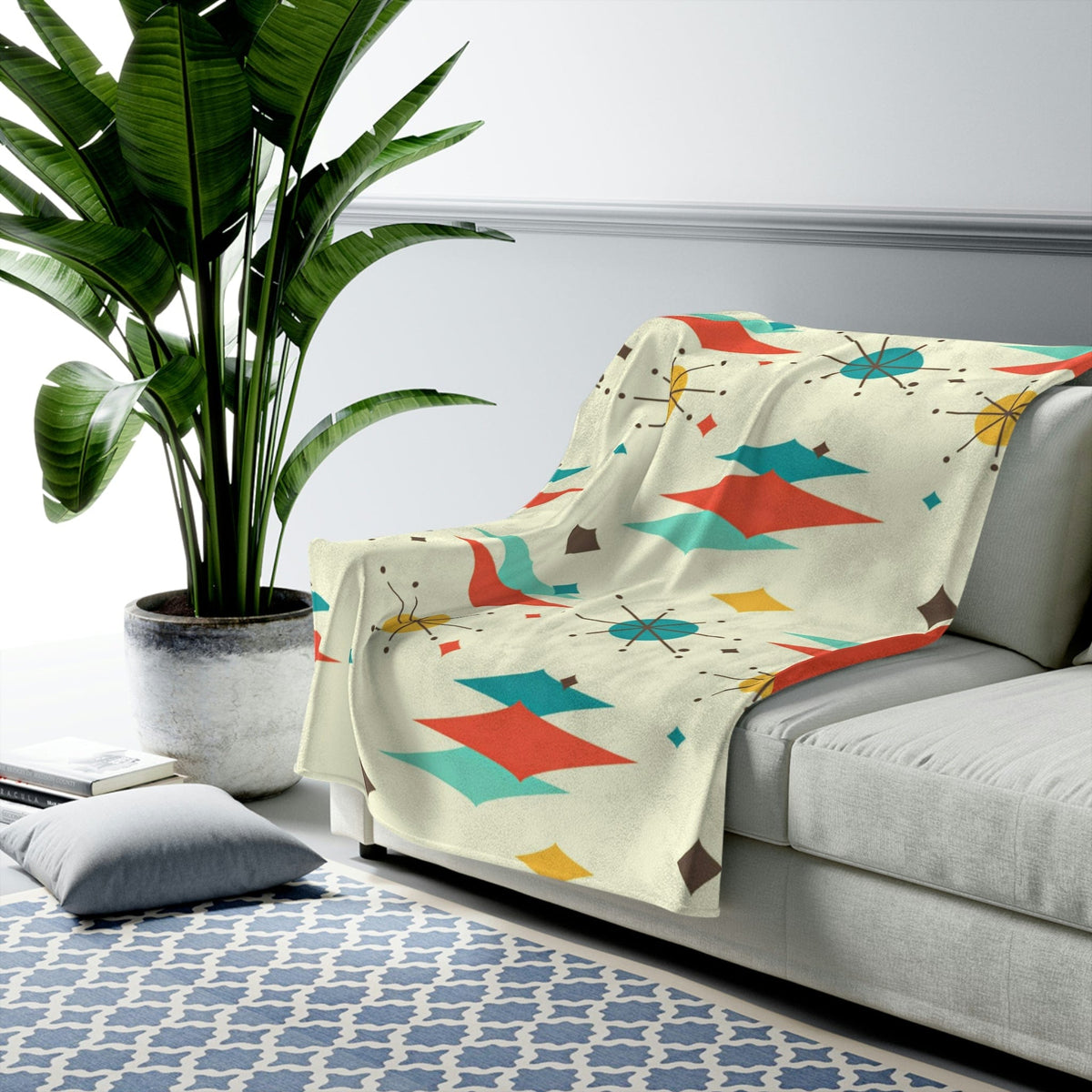 Atomic Cat Christmas Holiday Seasonal Atomic Starburst Diamond Retro Mid Century Modern, Teal, Turquoise, Burnt Red Velveteen Plush Blanket All Over Prints
