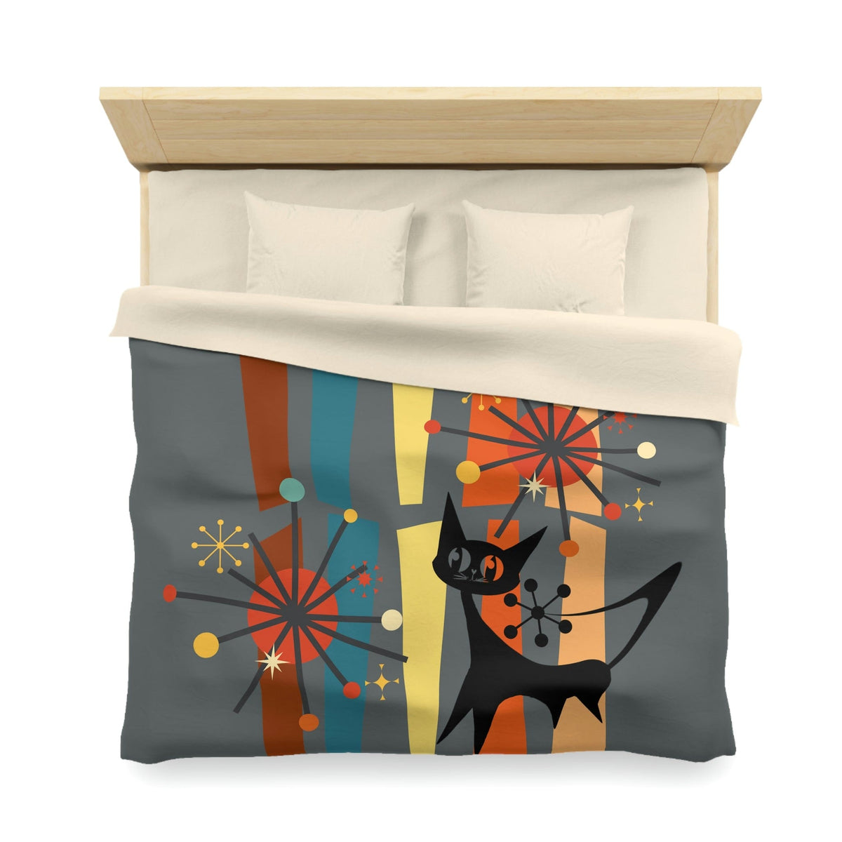 Atomic Cat, Kitschy Retro Geometric, Mid Century Modern, Slate Gray, Orange, Brown, Mod Black Cat Lover, Minimalist Duvet Bedding Home Decor