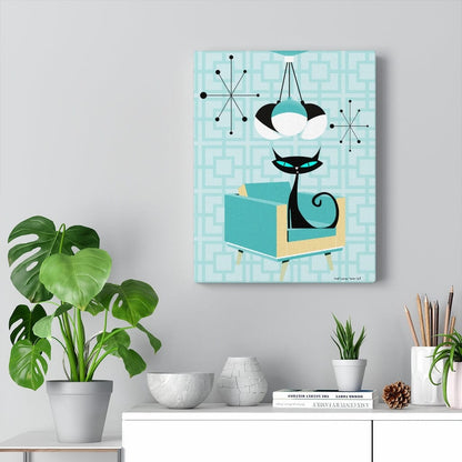 Atomic Cat Mid Century Breeze Block Retro Turquoise Blue, Black, Mid Mod Canvas Gallery Wraps Canvas Wall Art