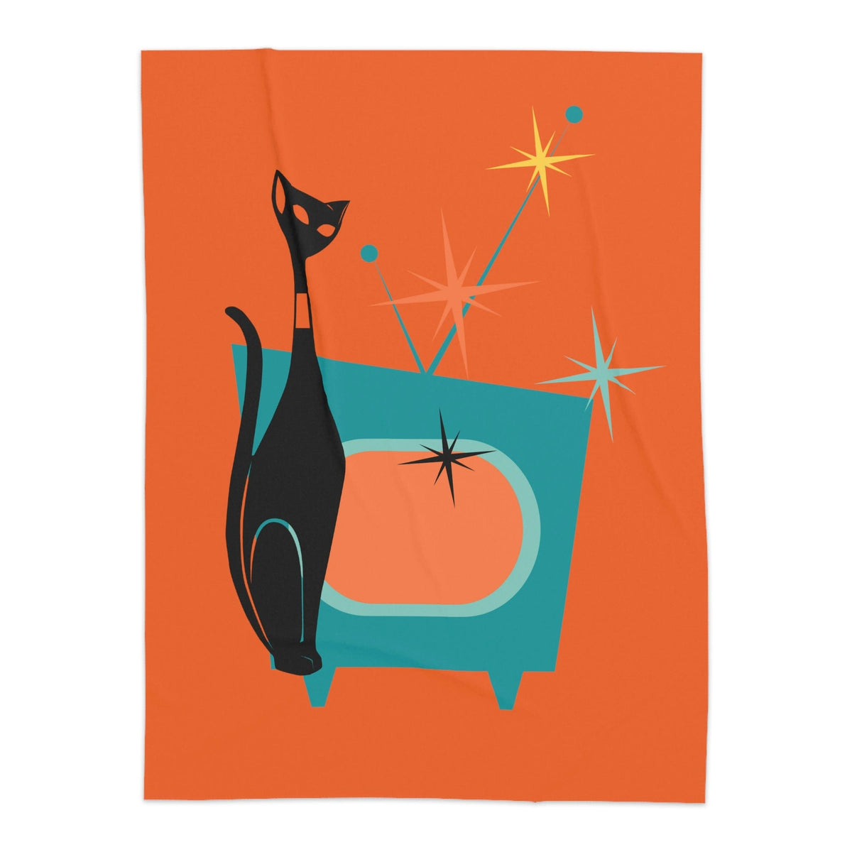 Atomic Cat, Mid Century Modern, Bold Orange, Sputnik Diamonds, Retro TV Kitschy MOD Sherpa Blanket Home Decor