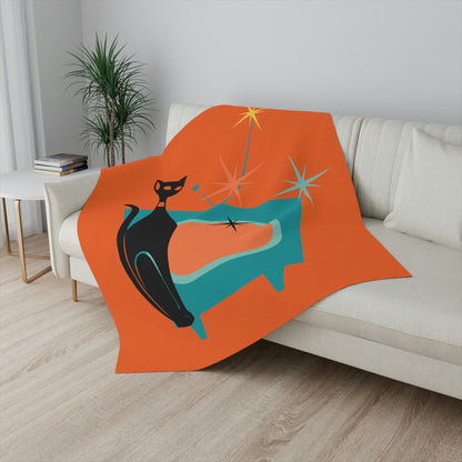 Atomic Cat, Mid Century Modern, Bold Orange, Sputnik Diamonds, Retro TV Kitschy MOD Sherpa Blanket Home Decor