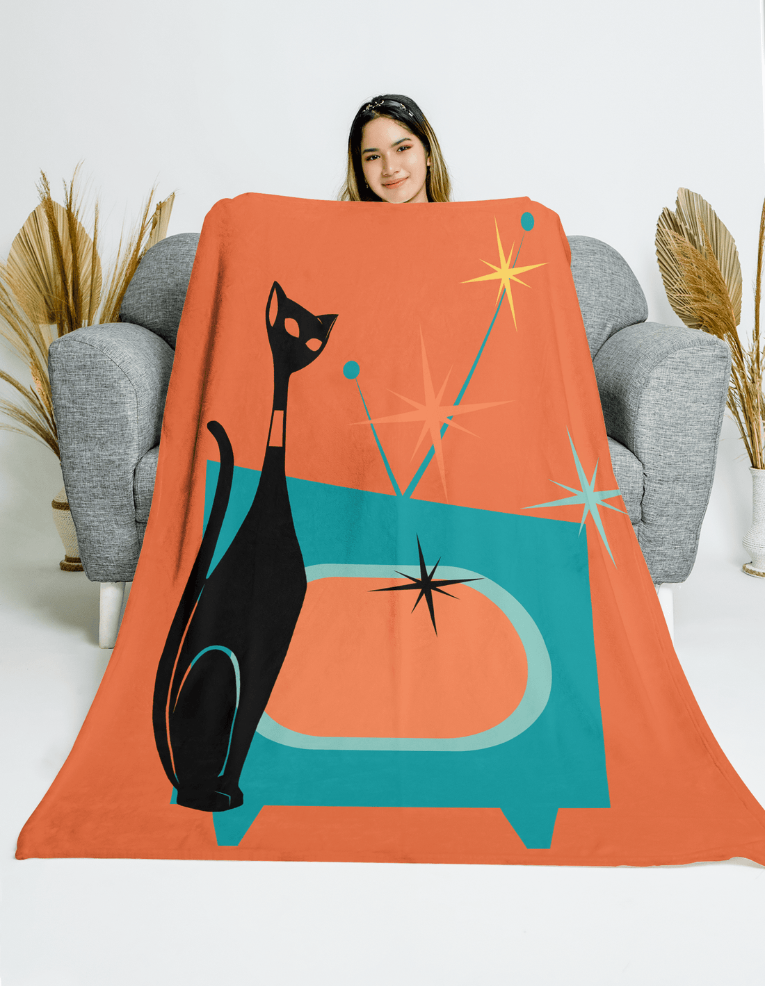 Atomic Cat, Mid Century Modern, Bold Orange, Sputnik Diamonds, Retro TV Kitschy MOD Sherpa Blanket Home Decor