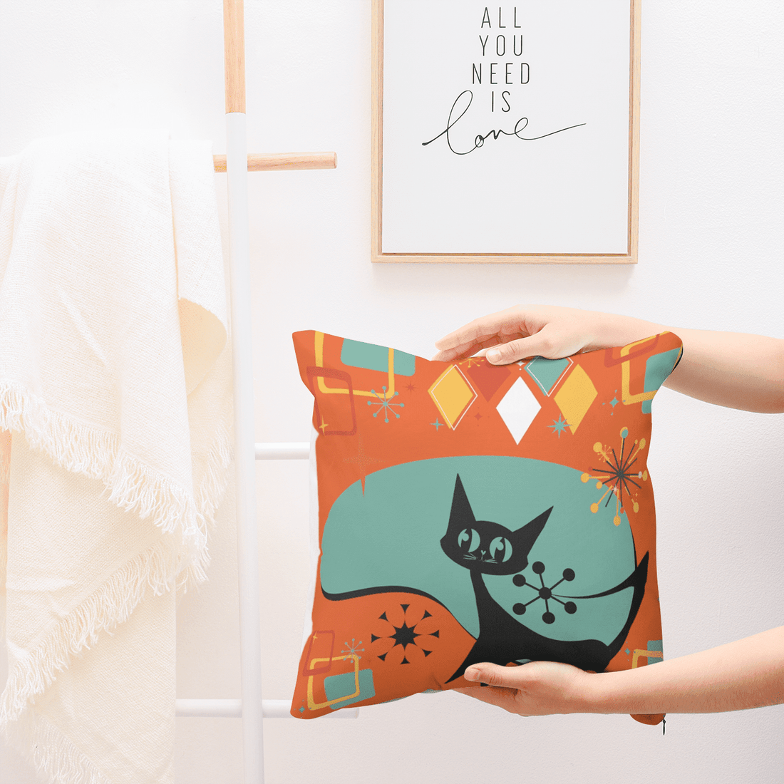 Atomic Cat, Mid Century Modern, Orange, Aqua Atomic Boomerang, Starburst, Retro Pillow Cover Home Decor