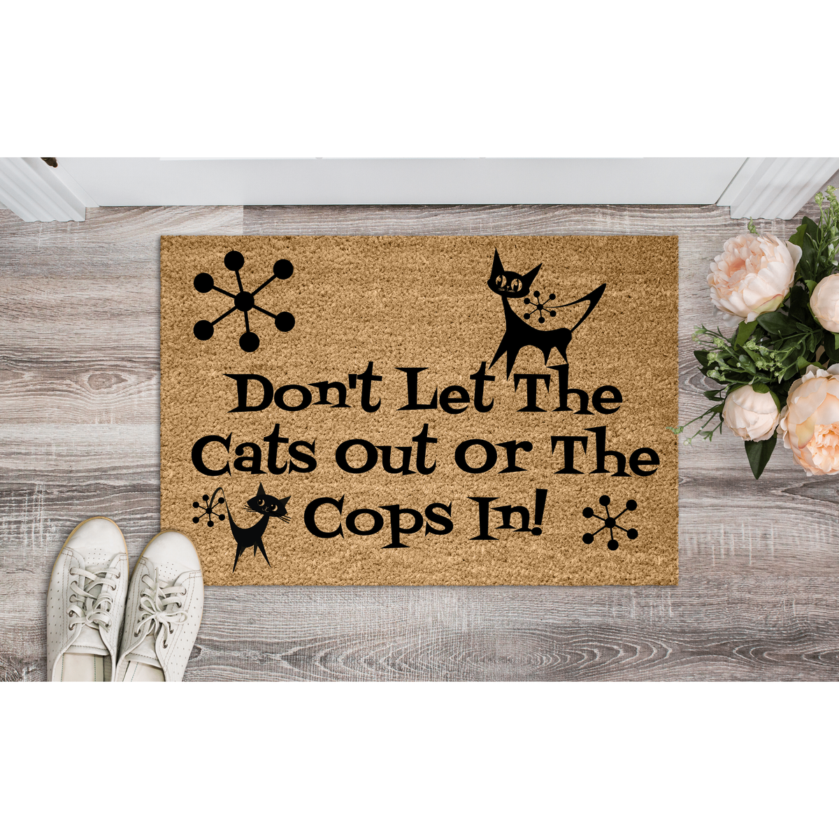Atomic Cat, Mid Century Modern Welcome Mat, Funny, Don't Let The Cats Out Or The Cops In Home Goods
