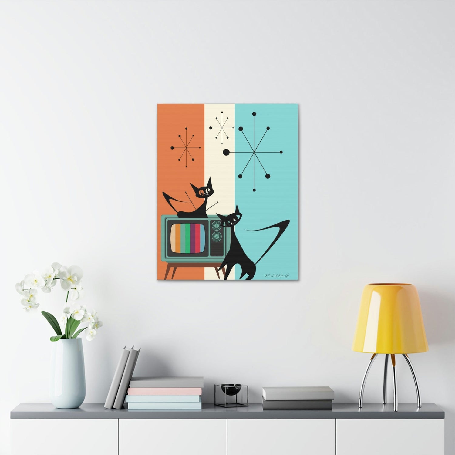Atomic Cat Retro Colored TV, Starburst, Mid Century Modern, Aqua, Orange, Cream Groovy Canvas Wall Art Canvas