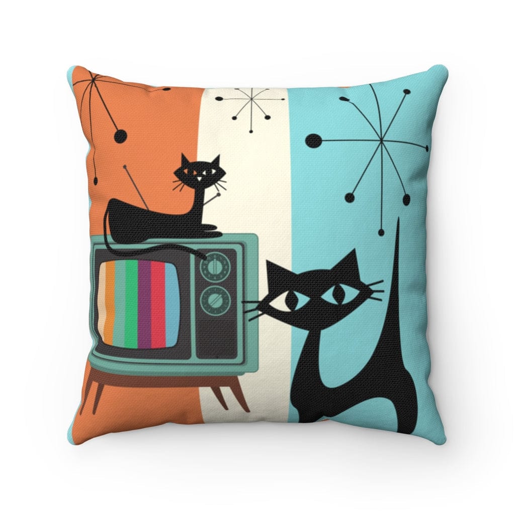 Atomic Cat Retro Colored TV, Starburst, Mid Century Modern, Aqua, Orange, Cream Groovy Square Pillow Spun Polyester Square Pillow AND Insert Home Decor