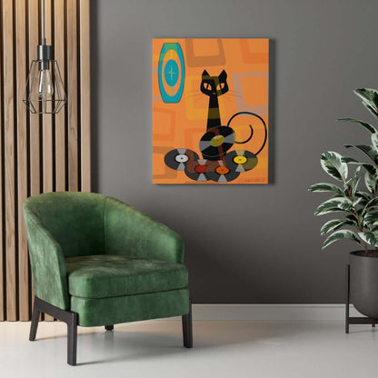 Atomic Cat Retro Groovy Records Mid Century Modern Orange Geometric, Canvas Gallery MCM Mid Mod Wall Art Canvas