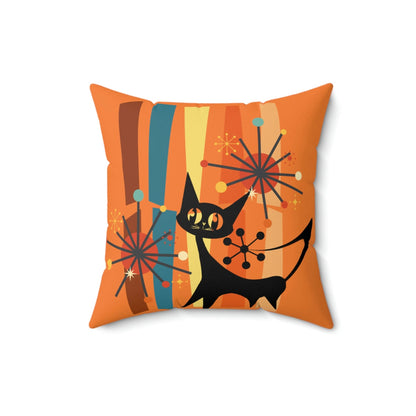 Atomic Cat, Retro Orange, Geometric, Starburst, MCM Black Cat Lover Gift Pillow Cover Home Decor