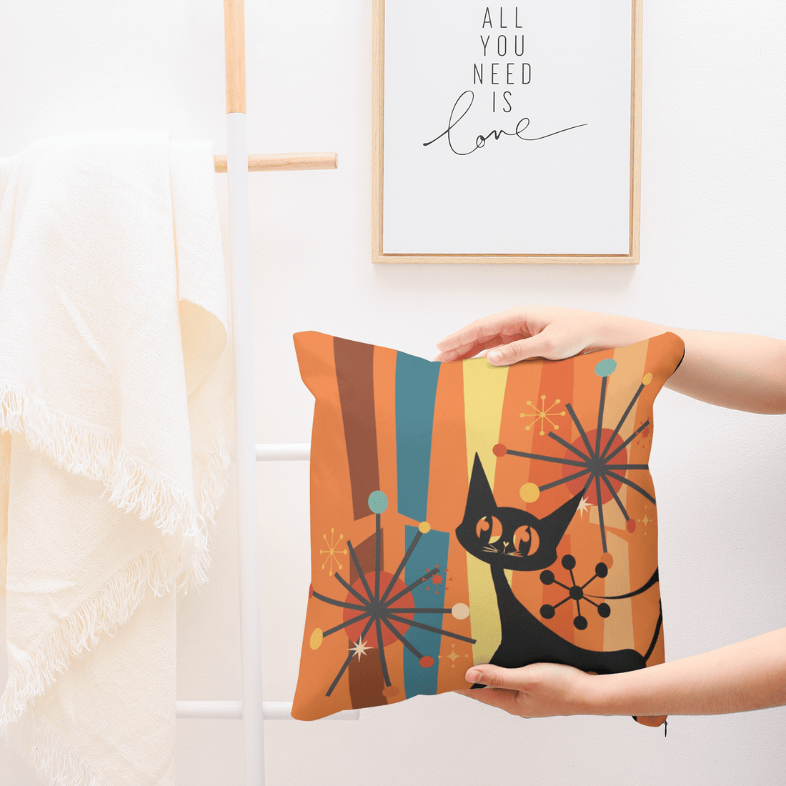 Atomic Cat, Retro Orange, Geometric, Starburst, MCM Black Cat Lover Gift Pillow Cover Home Decor