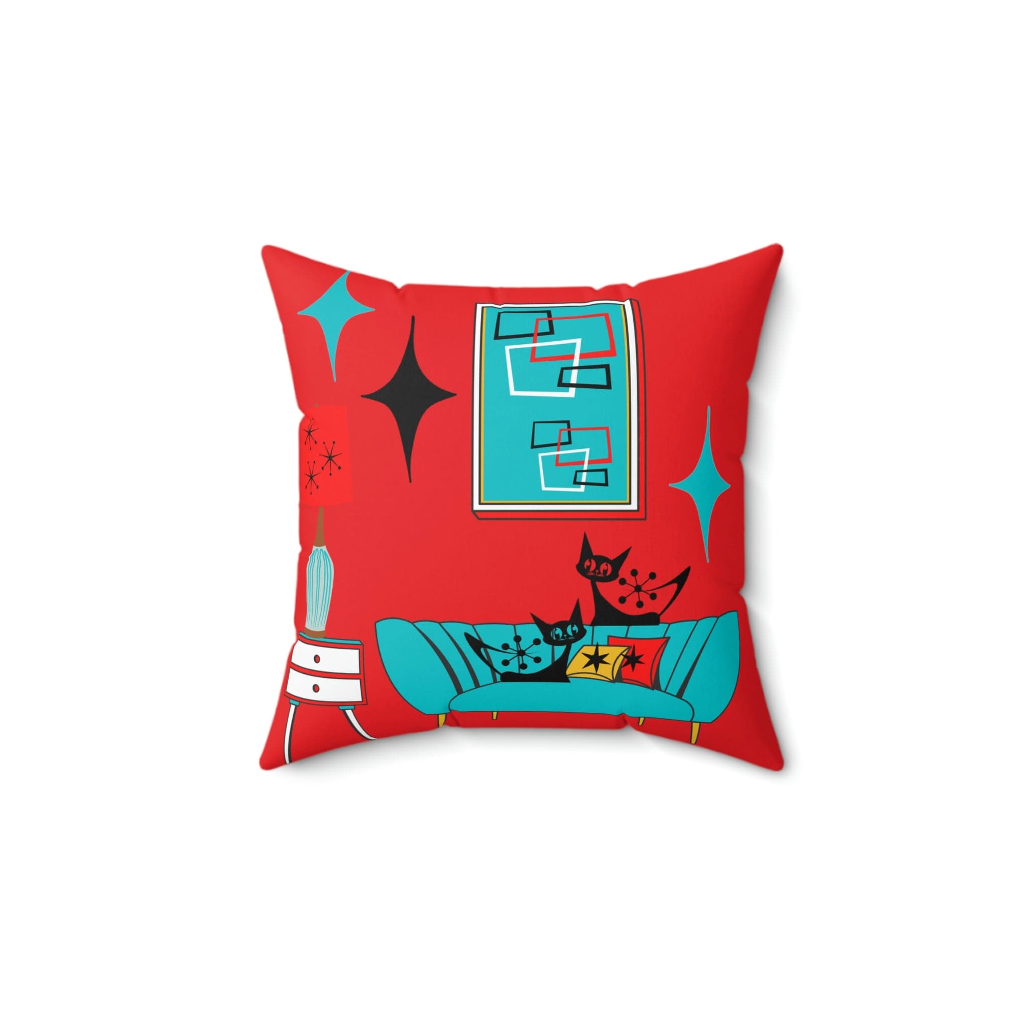 Atomic Cat, Sputnik Red, Aqua Blue, Mid Century Modern Pillow And Insert Home Decor