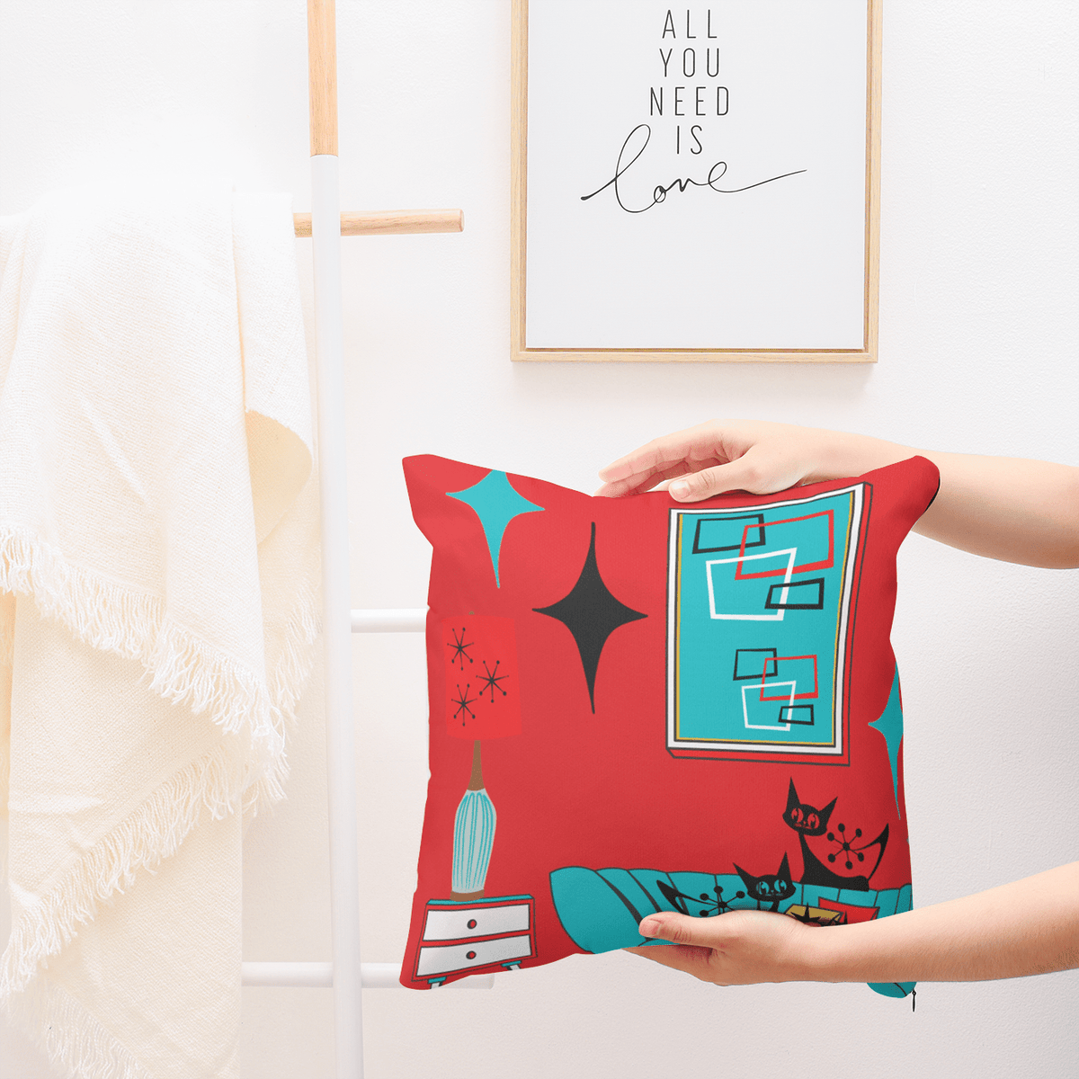 Atomic Cat, Sputnik Red, Aqua Blue, Mid Century Modern Pillow And Insert Home Decor