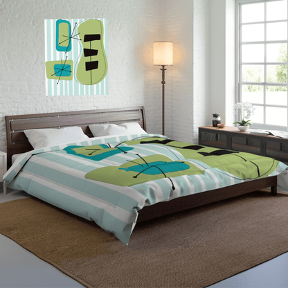 Atomic Home Living, Retro Starburst, Geometric, Blue, Green, MCM Mod King Or Queen Custom Designed Comforter Home Decor