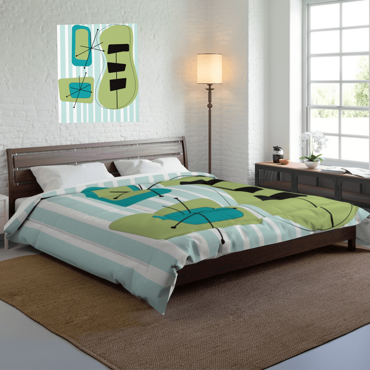Atomic Home Living, Retro Starburst, Geometric, Blue, Green, MCM Mod King Or Queen Custom Designed Comforter Home Decor