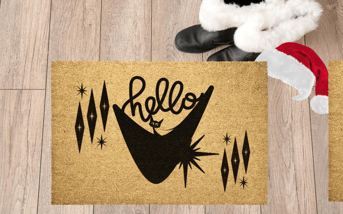 Atomic Kitty, Hello, Mid Century Modern Welcome Mat Home Goods
