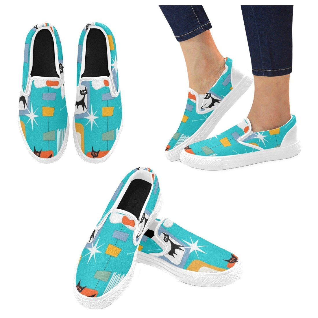 Atomic Mod Cat, Aqua Blue Slip-on Canvas Women&