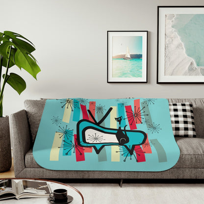 Atomic Mod Cat, Mid Century Modern, Aqua Blue, Orange, Black, Geometric, Sputnik Retro Sherpa Blanket Home Decor